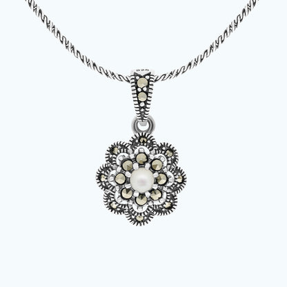Sterling Silver 925 Pendant Embedded With Natural White Shell And Marcasite Stones