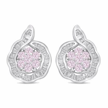 Sterling Silver 925 Earring Rhodium Plated Embedded With Pink Zircon And White Zircon