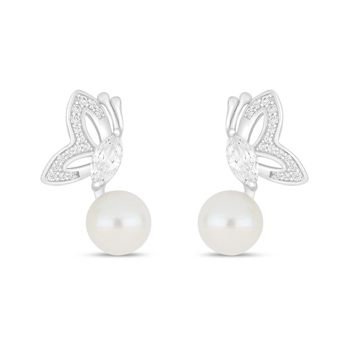 Sterling Silver 925 Earring Rhodium Plated Embedded With Natural White Pearl And White Zircon