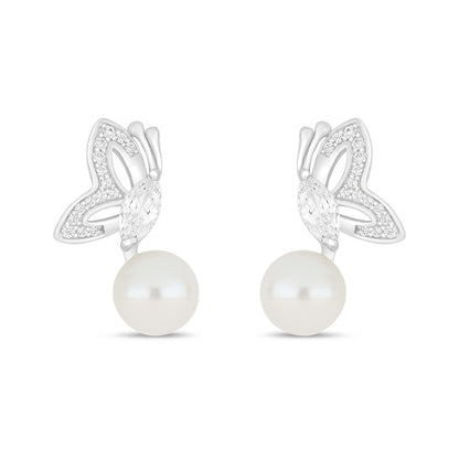 Sterling Silver 925 Earring Rhodium Plated Embedded With Natural White Pearl And White Zircon