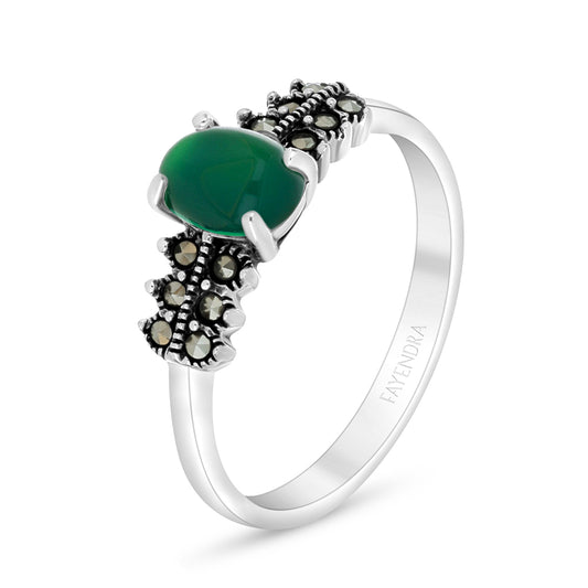 Sterling Silver 925 Ring Embedded With Natural Green Agate And Marcasite Stones