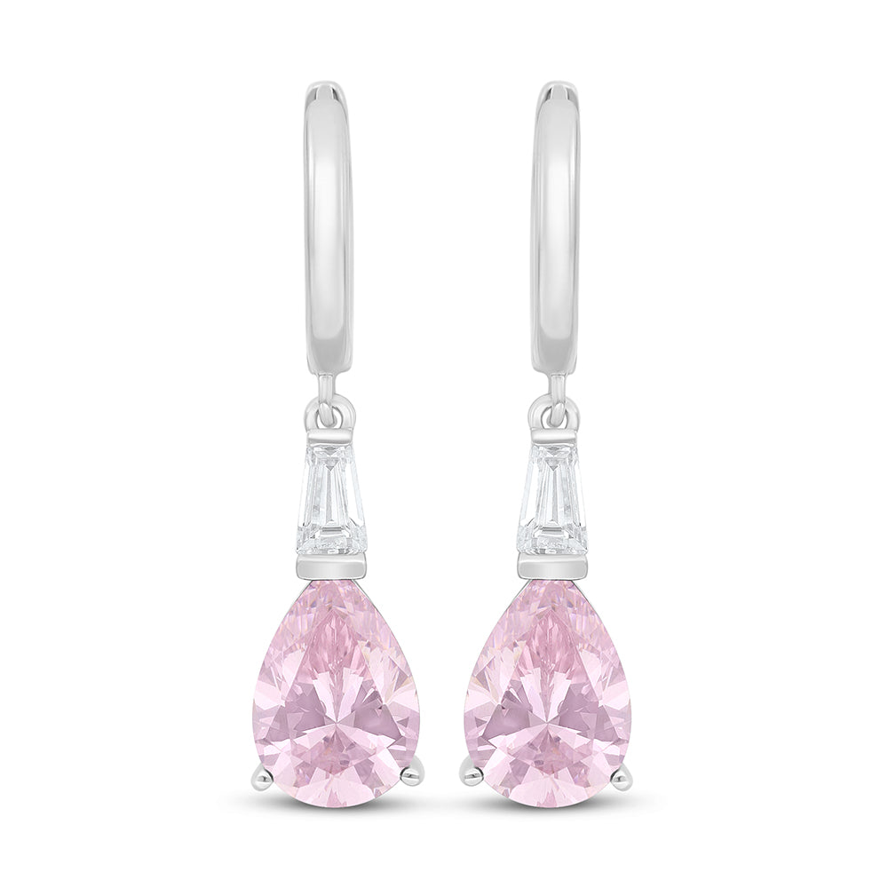 Sterling Silver 925 Earring Rhodium Plated Embedded With Pink Zircon And White Zircon