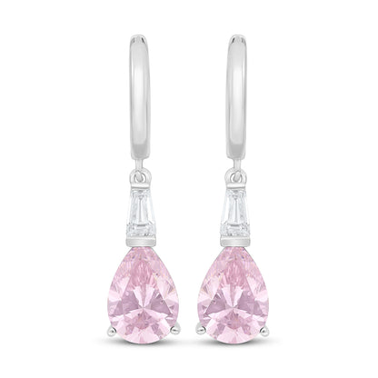 Sterling Silver 925 Earring Rhodium Plated Embedded With Pink Zircon And White Zircon