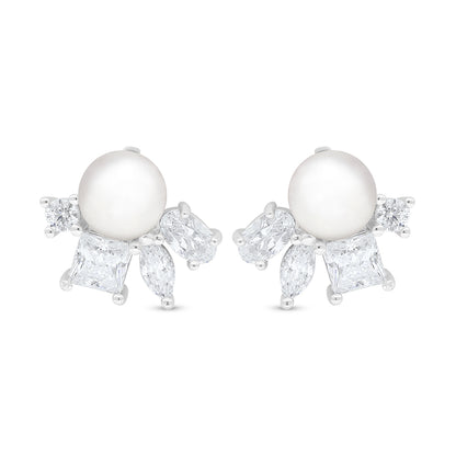 Sterling Silver 925 Earring Rhodium Plated Embedded With Natural White Pearl And Diamond Zircon And White Zircon
