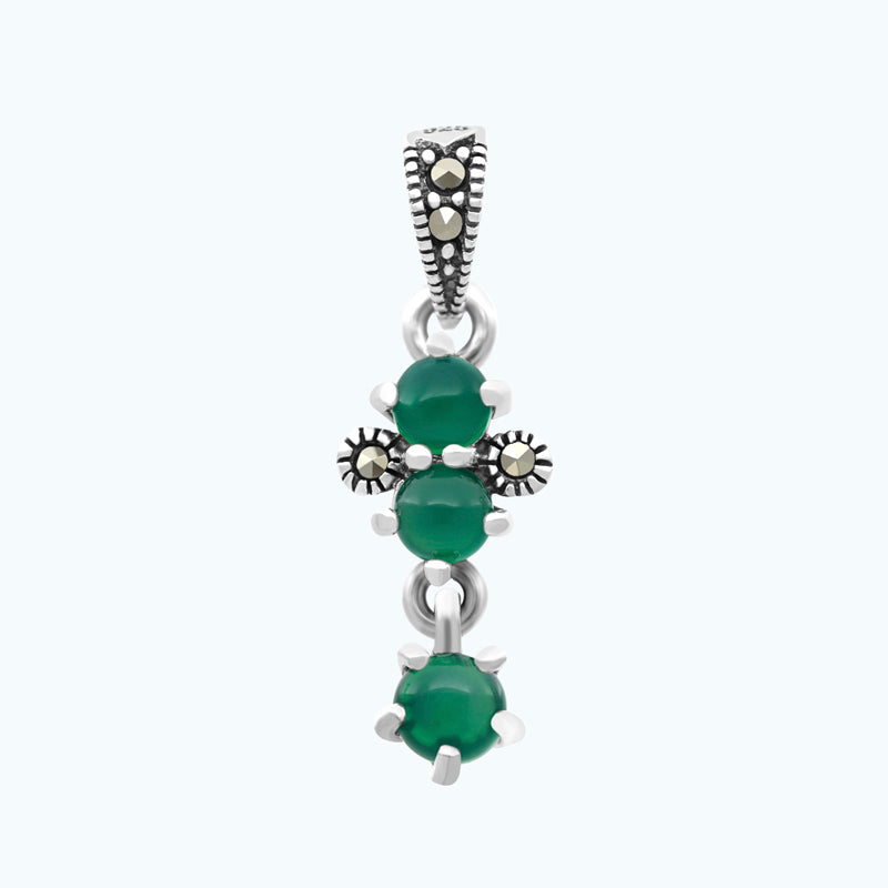 Sterling Silver 925 Pendant Embedded With Natural Green Agate And Marcasite Stones