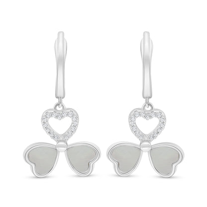 Sterling Silver 925 Earring Rhodium Plated Embedded With White Shell And White Zircon