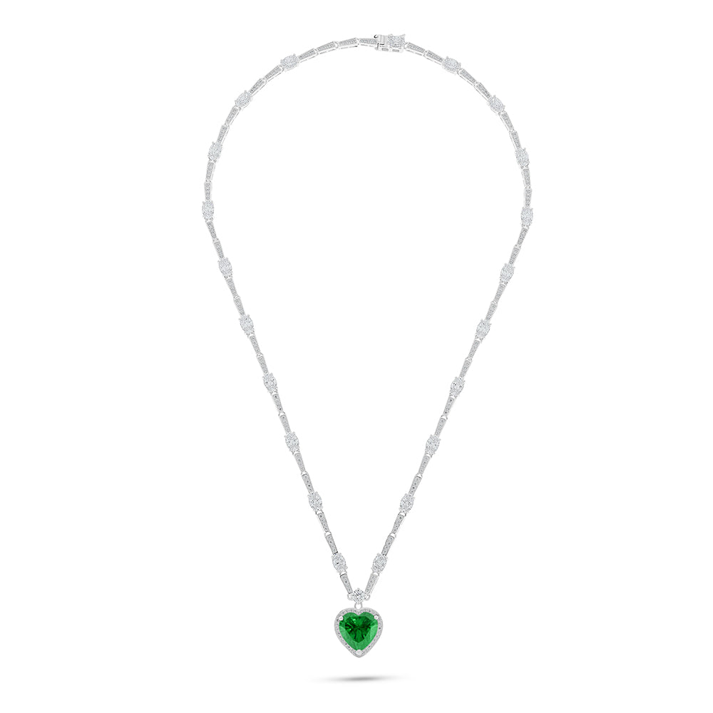Sterling Silver 925 Necklace Rhodium Plated Embedded With Emerald Zircon And White Zircon