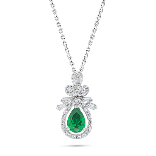 Sterling Silver 925 Necklace Rhodium Plated Embedded With Emerald Zircon And White Zircon
