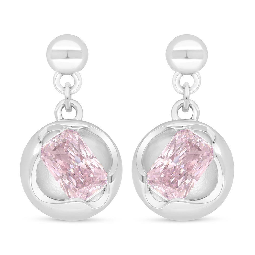 Sterling Silver 925 Earring Rhodium Plated Embedded With Pink Zircon
