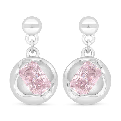 Sterling Silver 925 Earring Rhodium Plated Embedded With Pink Zircon