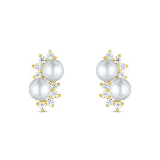 Sterling Silver 925 Earring Golden Plated Embedded With Natural White Pearl And White Zircon