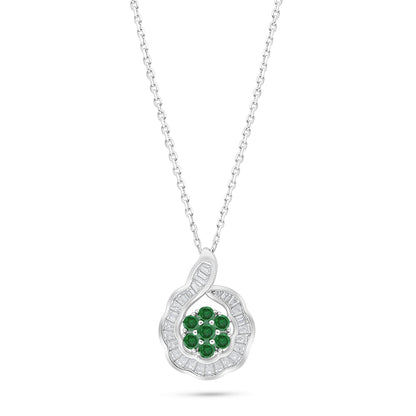 Sterling Silver 925 Necklace Rhodium Plated Embedded With Emerald Zircon And White Zircon