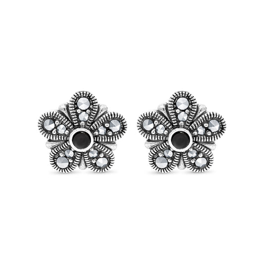 Sterling Silver 925 Earring Embedded With Natural Black Agate And Marcasite Stones