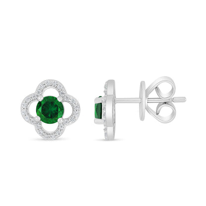 Sterling Silver 925 Earring Rhodium Plated Embedded With Emerald Zircon And White Zircon