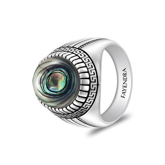 Sterling Silver 925 Ring Rhodium And Black Plated Embedded With Cabochon Paua Shell For Men