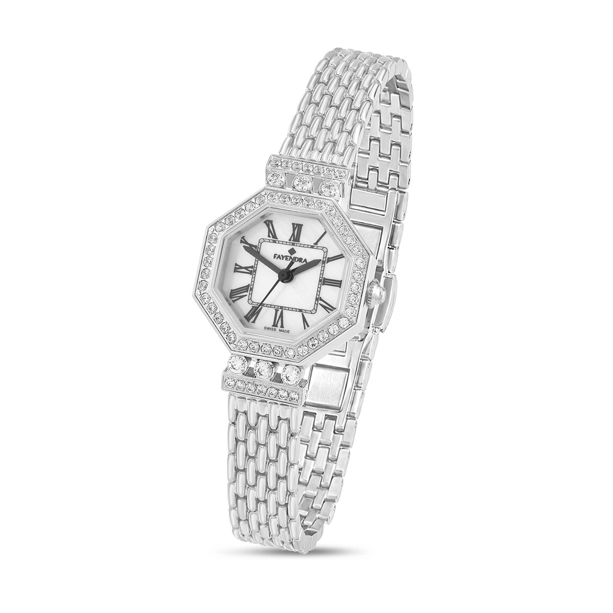 Stainless Steel 316L Watch Silver Color And White Zircon Anb Black Markers - WHITE MOP DIAL