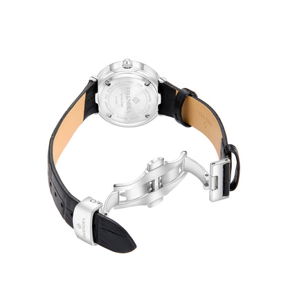Stainless Steel 316L Watch Silver Color Black Leather And White Zircon - BLACK METAL DIAL