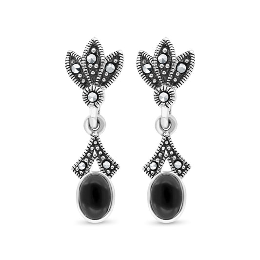 Sterling Silver 925 Earring Embedded With Natural Black Agate And Marcasite Stones