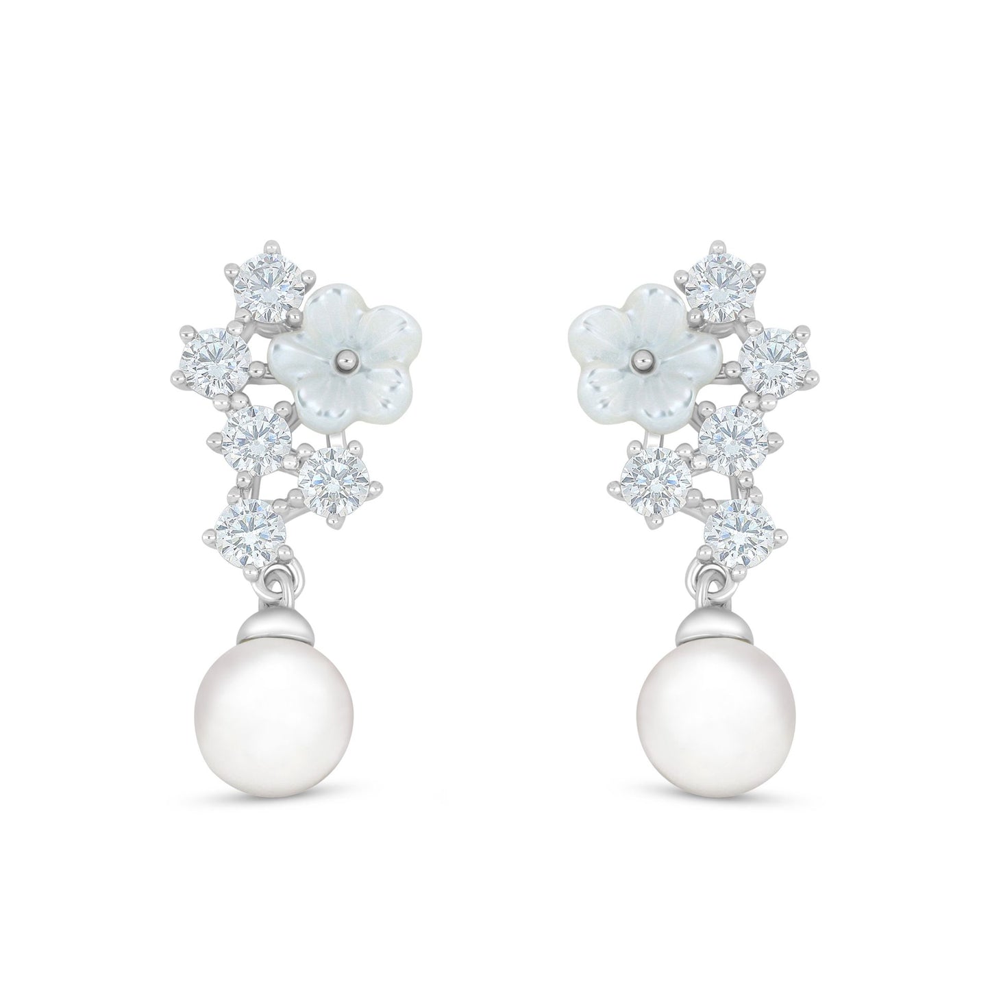 Sterling Silver 925 Earring Rhodium Plated Embedded With Natural White Pearl And White Shell