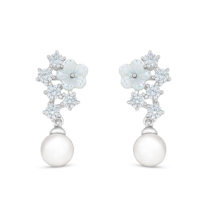 Sterling Silver 925 Earring Rhodium Plated Embedded With Natural White Pearl And White Shell