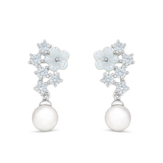 Sterling Silver 925 Earring Rhodium Plated Embedded With Natural White Pearl And White Shell