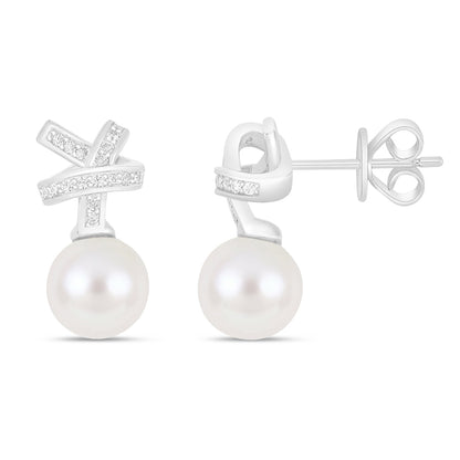 Sterling Silver 925 Earring Rhodium Plated Embedded With Natural White Pearl And White Zircon