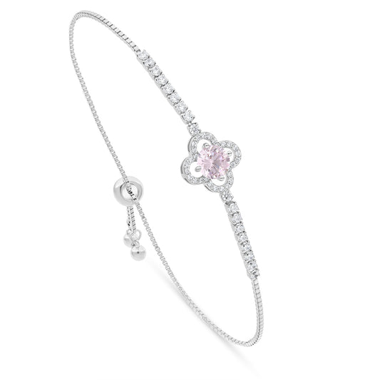 Sterling Silver 925 Bracelet Rhodium Plated Embedded With Pink Zircon And White Zircon