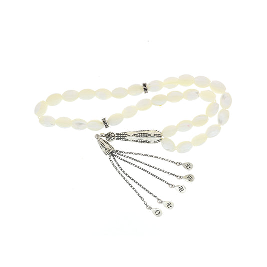 Rosary 33 Sterling Silver 925 Set Oxidized Decorated Embedded With White Shell Olive Bead 11*8 ML LOGO