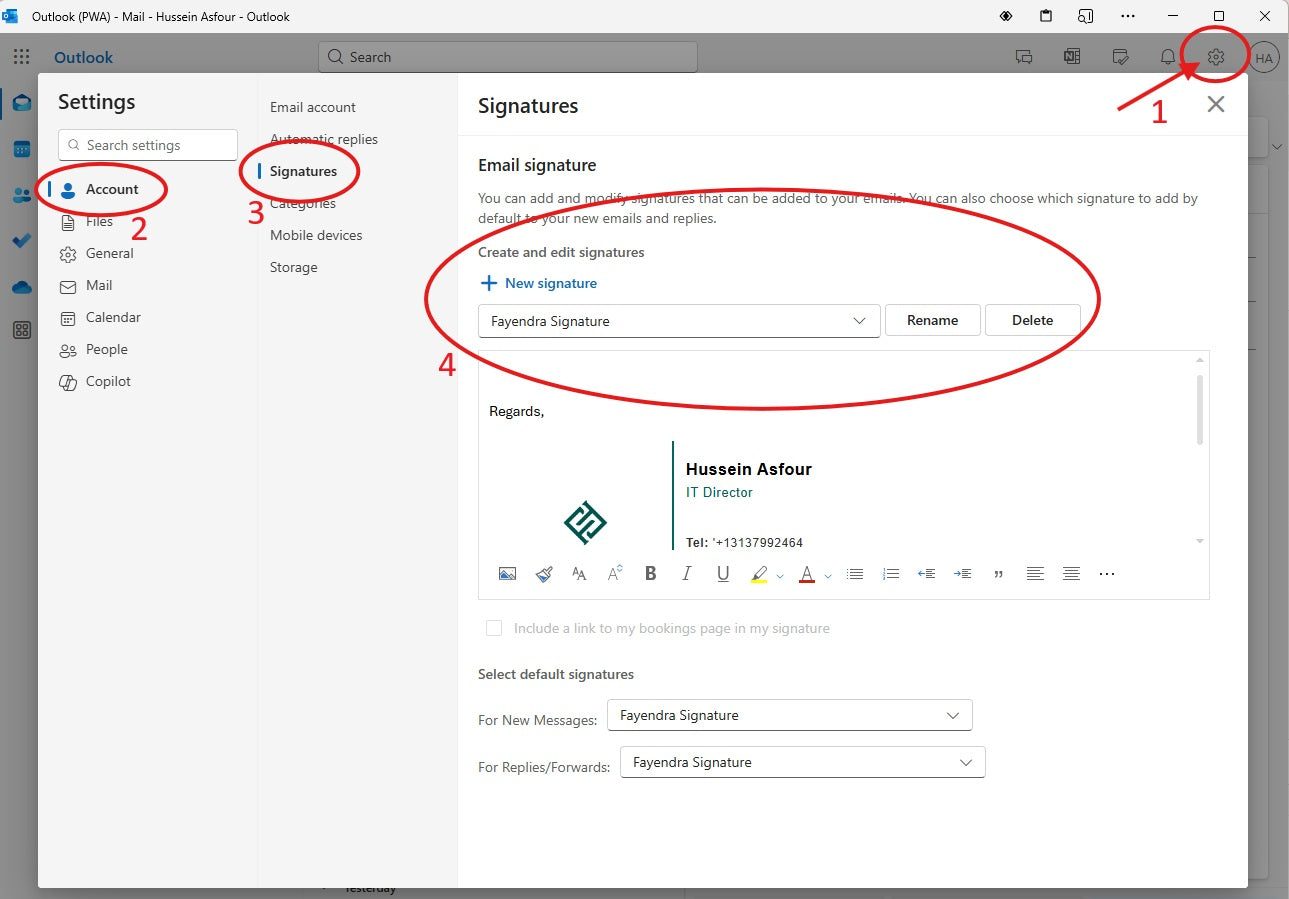Outlook signature settings screenshot