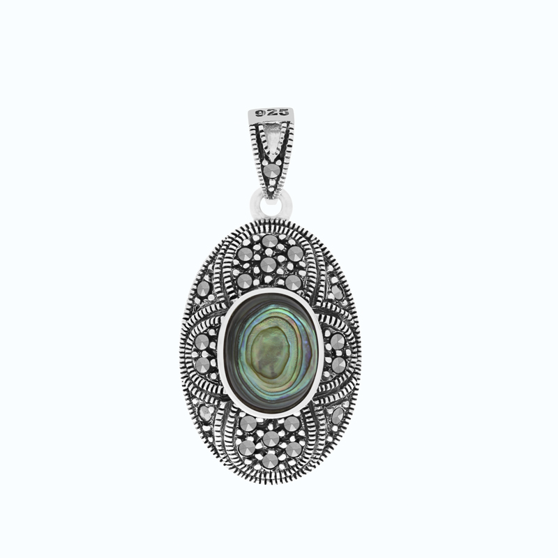 Sterling Silver 925 Pendant Natural Blue Shell Marcasite Stones