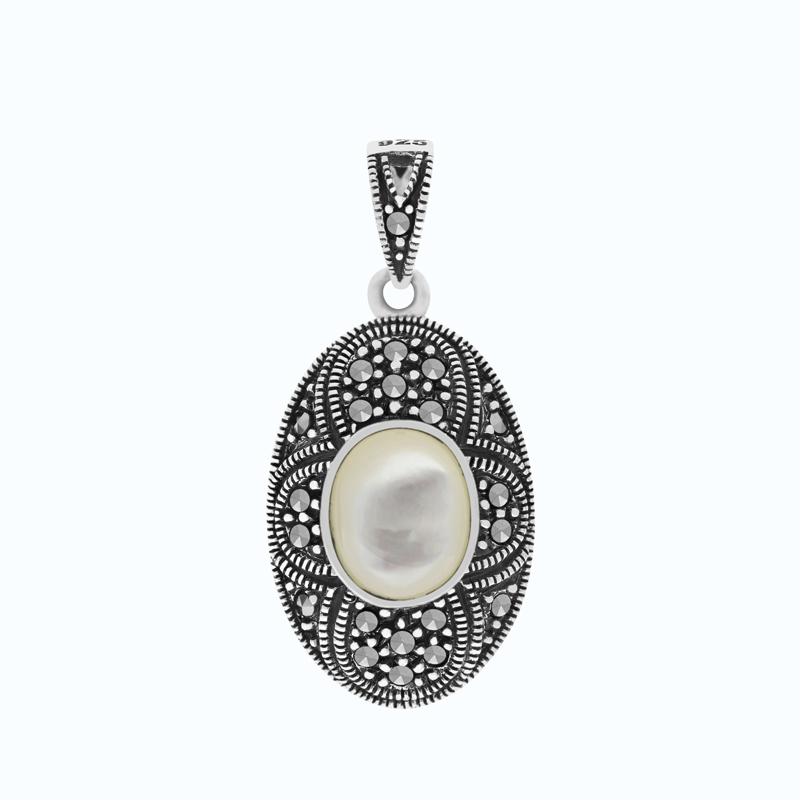 Sterling Silver 925 Pendant Natural White Shell Marcasite Stones
