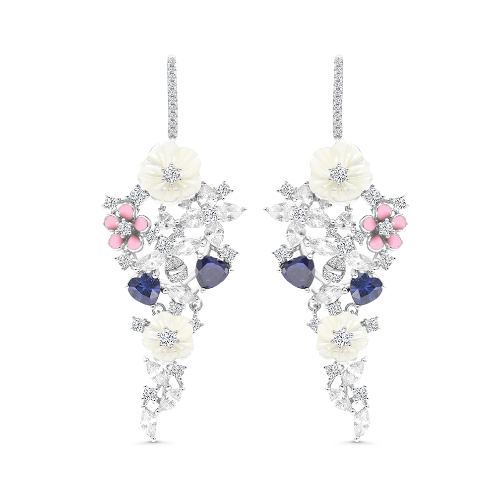 Sterling Silver 925 Earring Rhodium Plated Natural White Shell Tanzanite Enamel