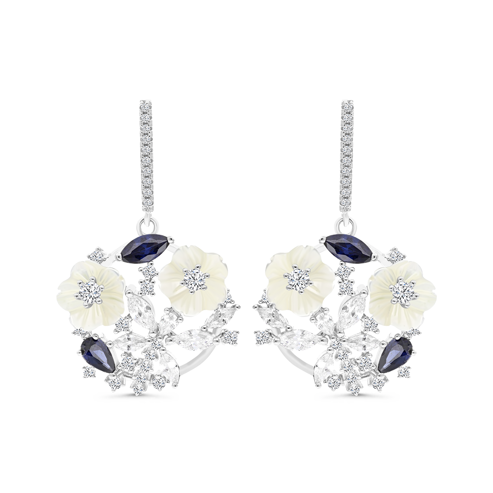 Sterling Silver 925 Earring Rhodium Plated Natural White Shell Tanzanite