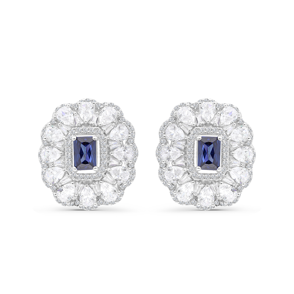 Sterling Silver 925 Earring Rhodium Plated Embedded With Tanzanite