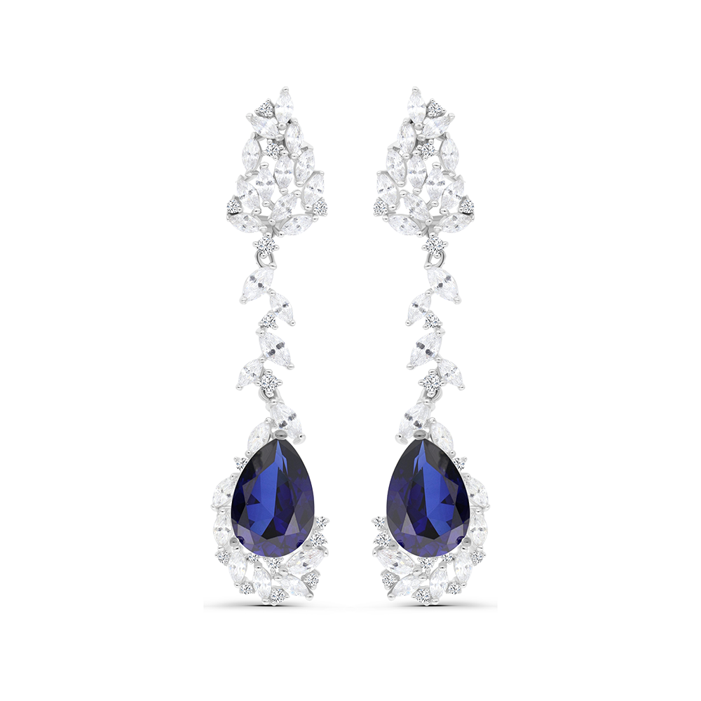 Sterling Silver 925 Earring Rhodium Plated Embedded With Sapphire Corundum