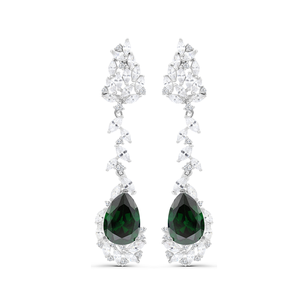 Sterling Silver 925 Earring Rhodium Plated Embedded With Emerald