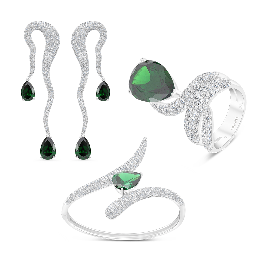 Sterling Silver 925 Set Rhodium Plated Embedded With Emerald