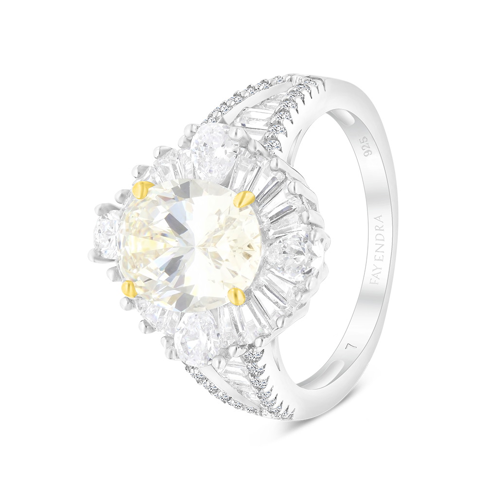 Sterling Silver 925 Ring Rhodium And Gold Plated Embedded With Yellow Zircon