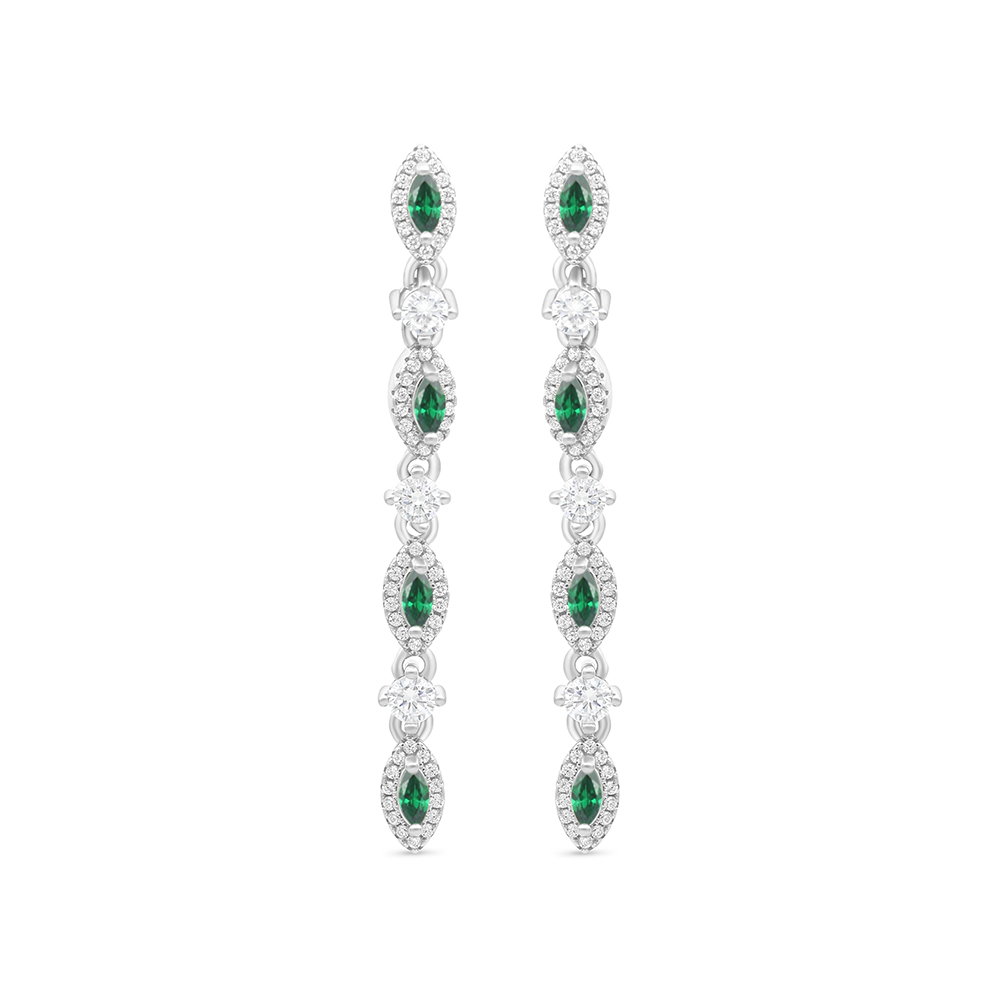 Sterling Silver 925 Earring Rhodium Plated Embedded With Emerald And White CZ