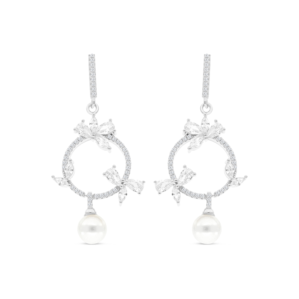 Sterling Silver 925 Earring Rhodium Plated And White CZ