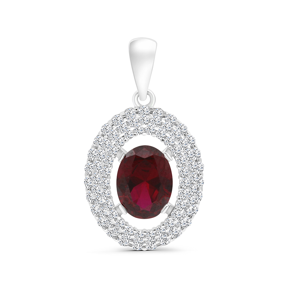 Sterling Silver 925 Pendant Rhodium Plated Embedded With Ruby Corundum And White CZ
