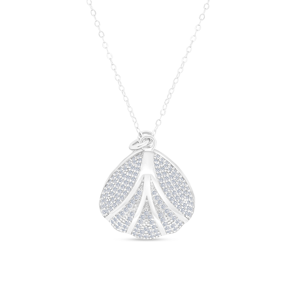 Sterling Silver 925 Necklace Rhodium Plated With white shell And White CZ