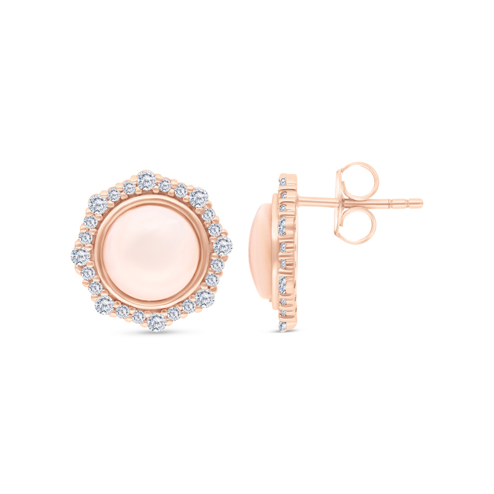 Sterling Silver 925 Earring Rose Gold Plated Embedded With Natural Pink Shell And White CZ