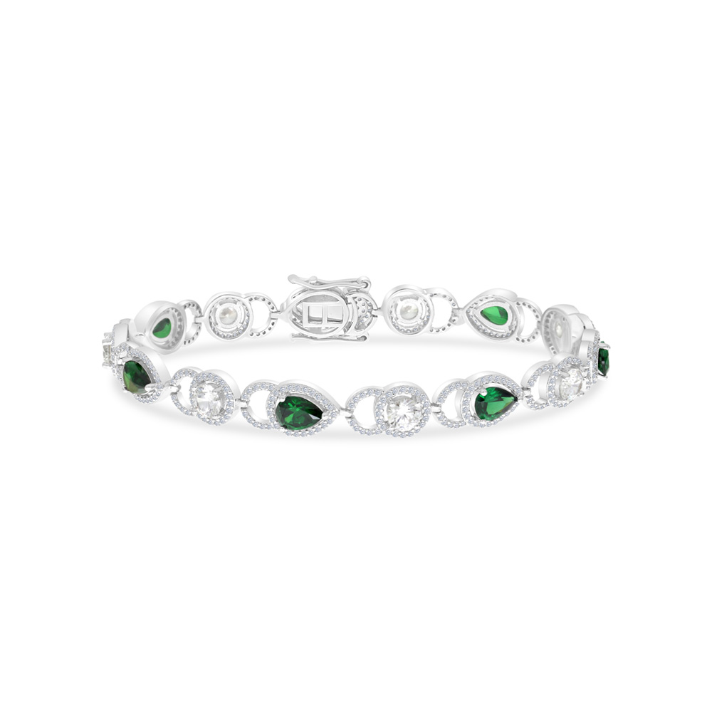 Sterling Silver 925 Bracelet Rhodium Plated Embedded With Emerald And White CZ