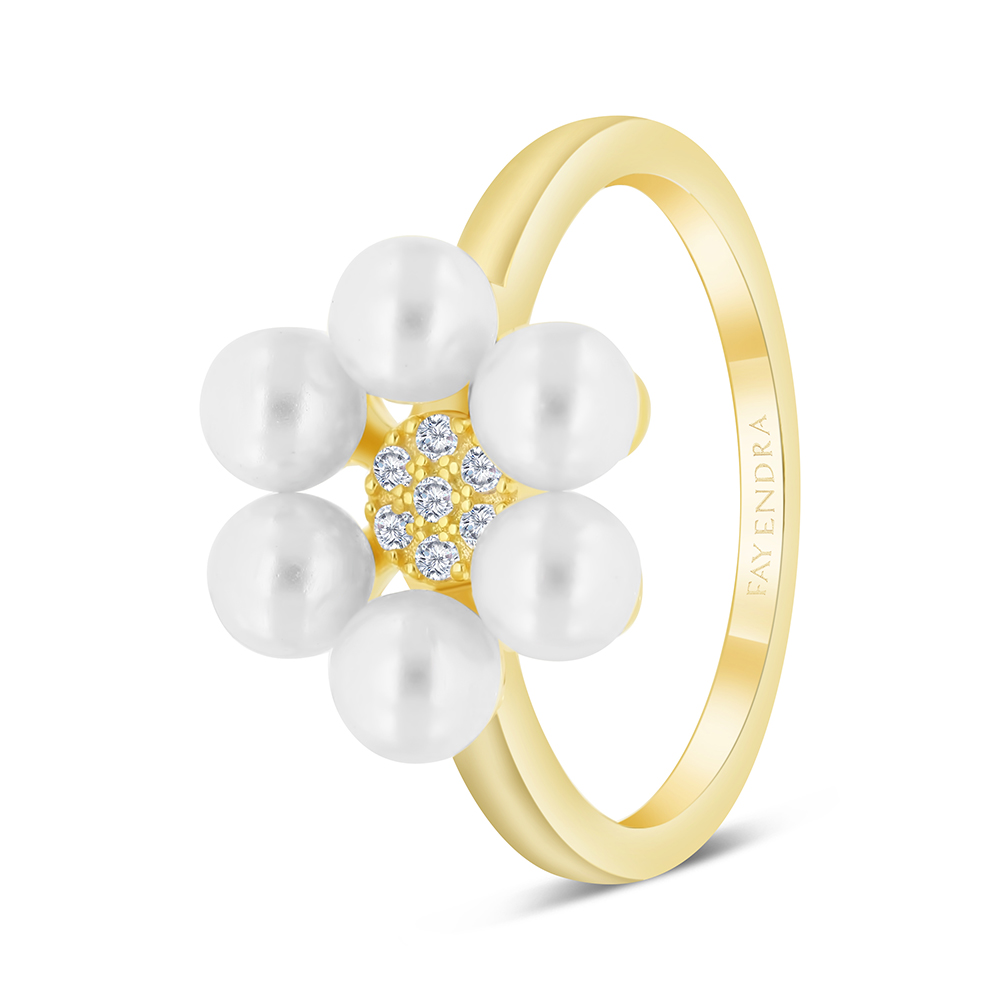 Sterling Silver 925 Ring Gold Plated Embedded With White Shell Pearl And White CZ