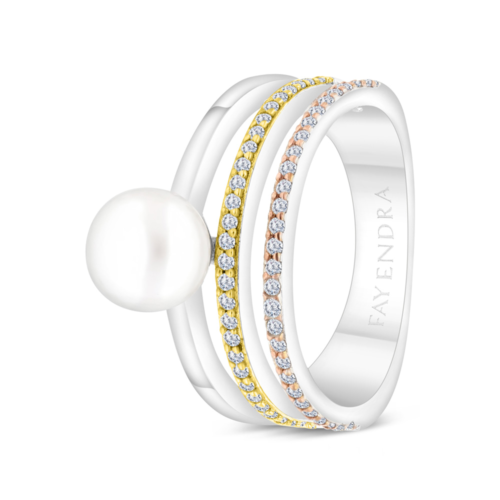 Sterling Silver 925 Ring Rhodium And Gold And Rose Gold Plated Embedded With White Shell Pearl And White CZ