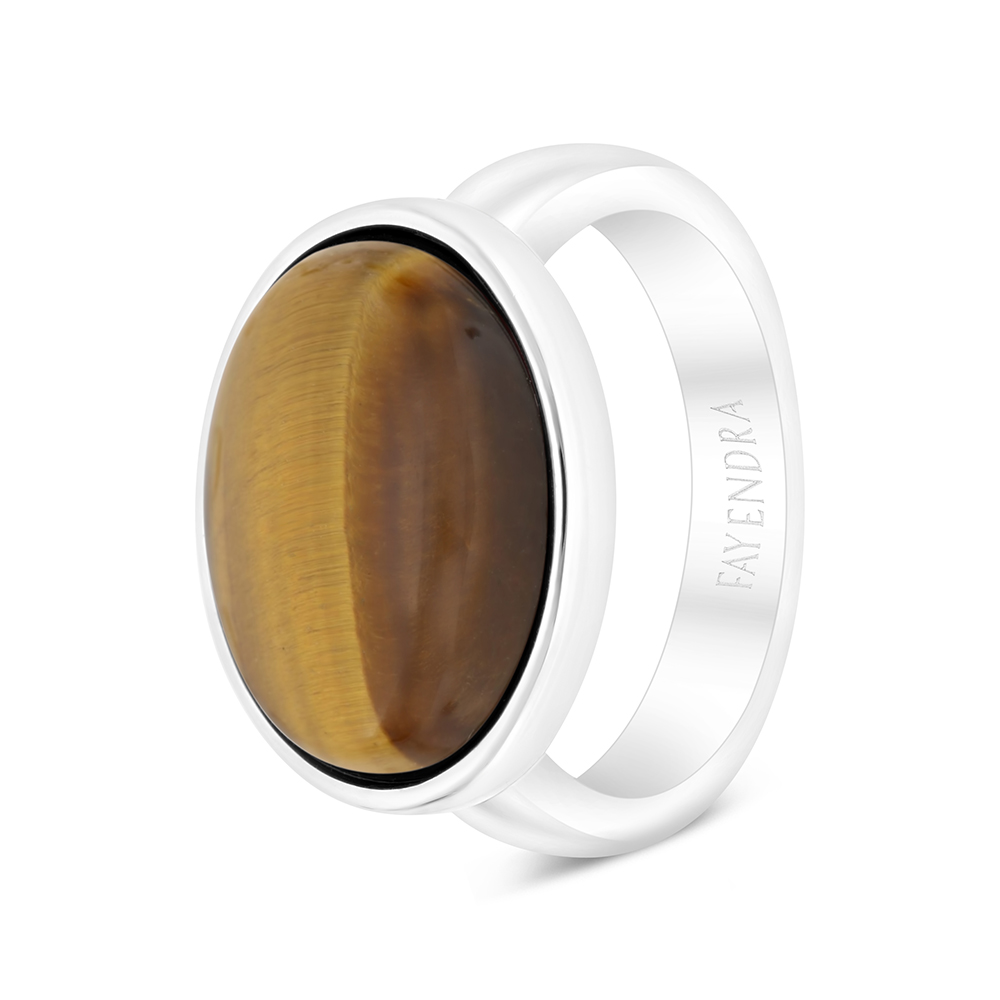 Sterling Silver 925 Ring Rhodium Plated Embedded With Yellow Tiger Eye For Men