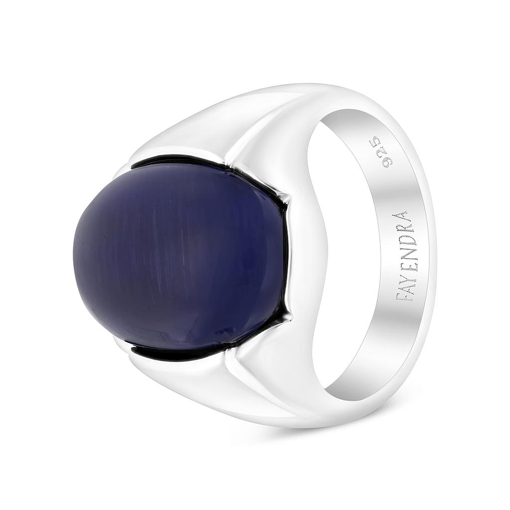 Sterling Silver 925 Ring Rhodium Plated Blue Tiger Eye For Men
