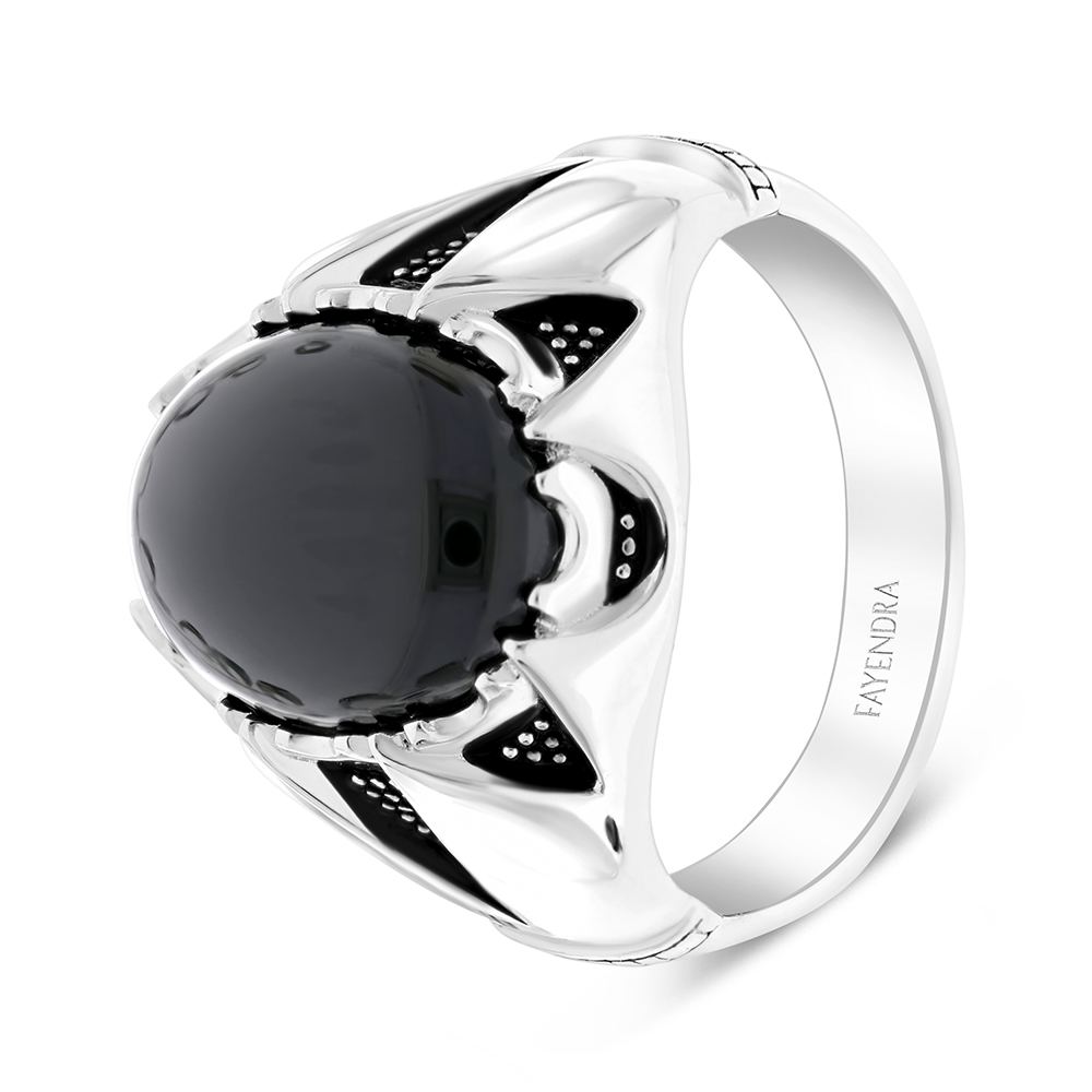 Sterling Silver 925 Ring Rhodium Plated Embedded With Black Agate For Men