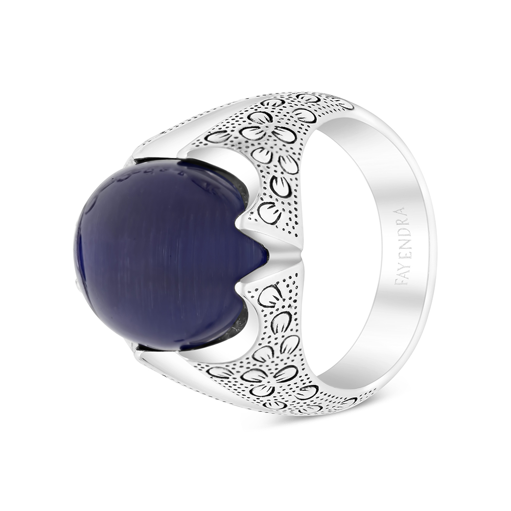 Sterling Silver 925 Ring Rhodium Plated Embedded With Blue Tiger Eye For Men
